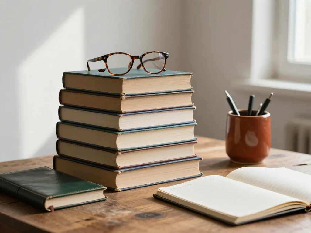 Pile de livres et lunettes sur bois, évoquant un regard analytique et curieux.